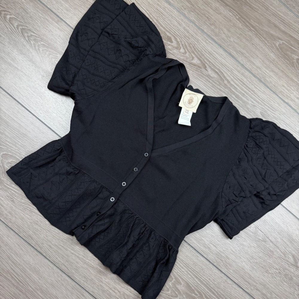 Muche Muchette Womens Cardigan Peplum Flutter Sleeve Knit Top Black OS